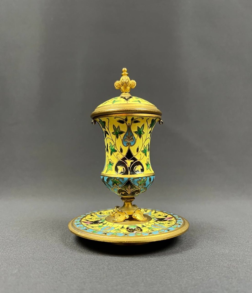 Cloisonné Bronze Inkwell, Enameled - F. Barbedienne (attributed To)-photo-2