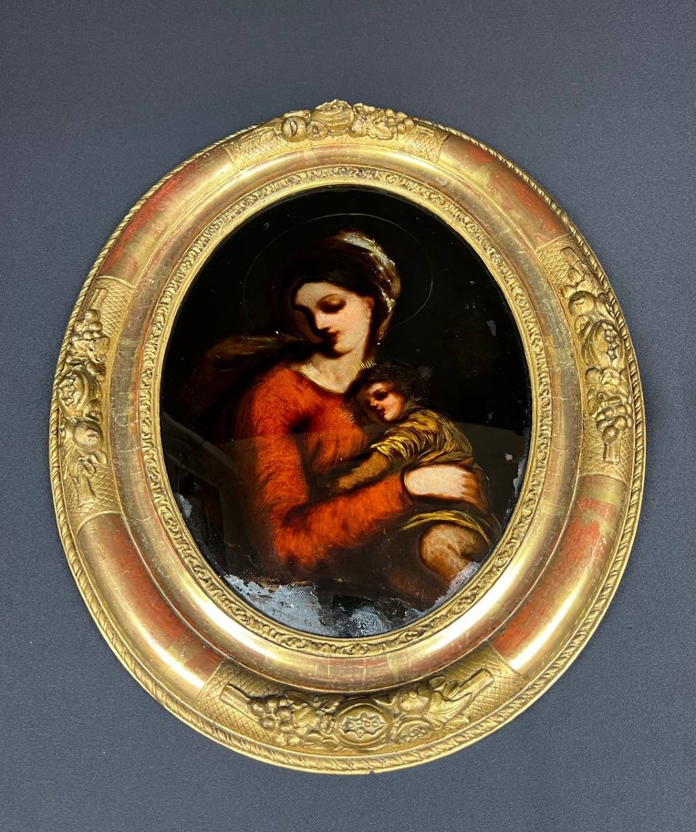 Vierge à l'Enfant, Fixé Sous Verre. école Française Du XIX Siècle-photo-2