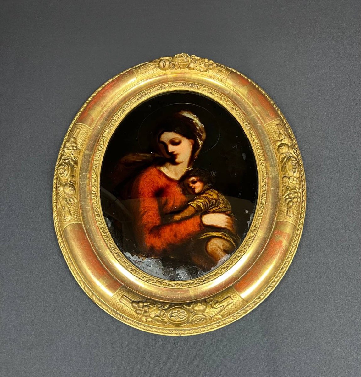 Vierge à l'Enfant, Fixé Sous Verre. école Française Du XIX Siècle-photo-2