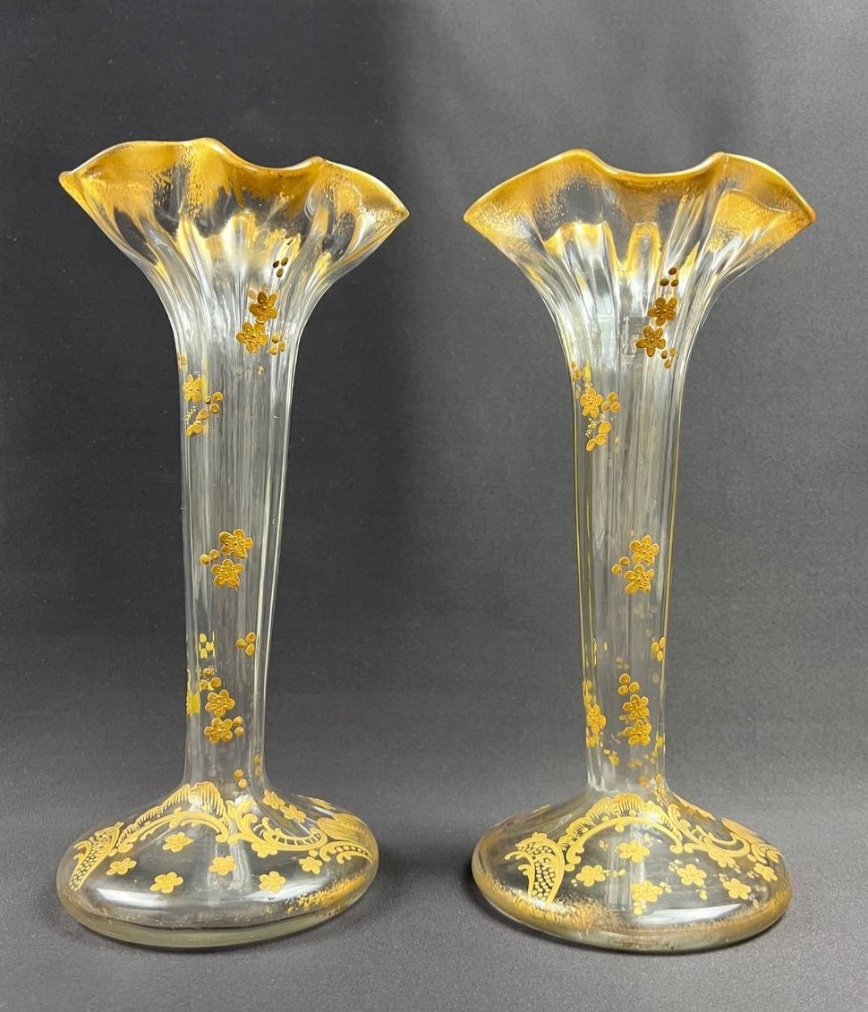 Paire De Vases. Ancien Baccarat, Circa 1890, Doré  H. 25 Cm-photo-4