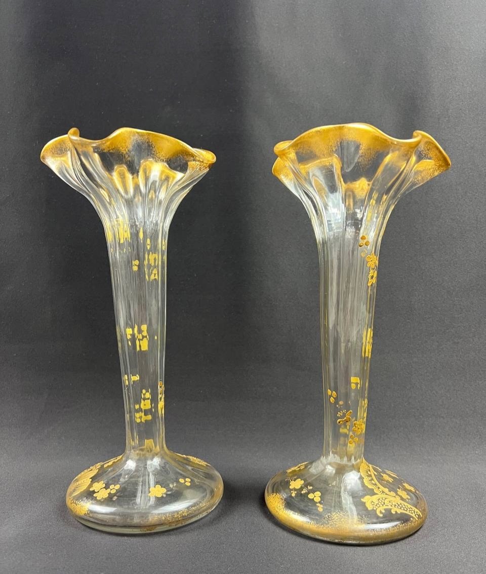 Paire De Vases. Ancien Baccarat, Circa 1890, Doré  H. 25 Cm-photo-5