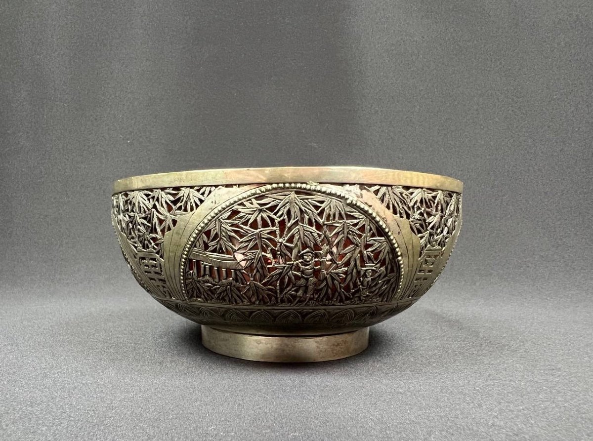 Repoussé Silver Bowl, Lined With Pink Glass, With Bamboo Decor. Indochina -photo-2