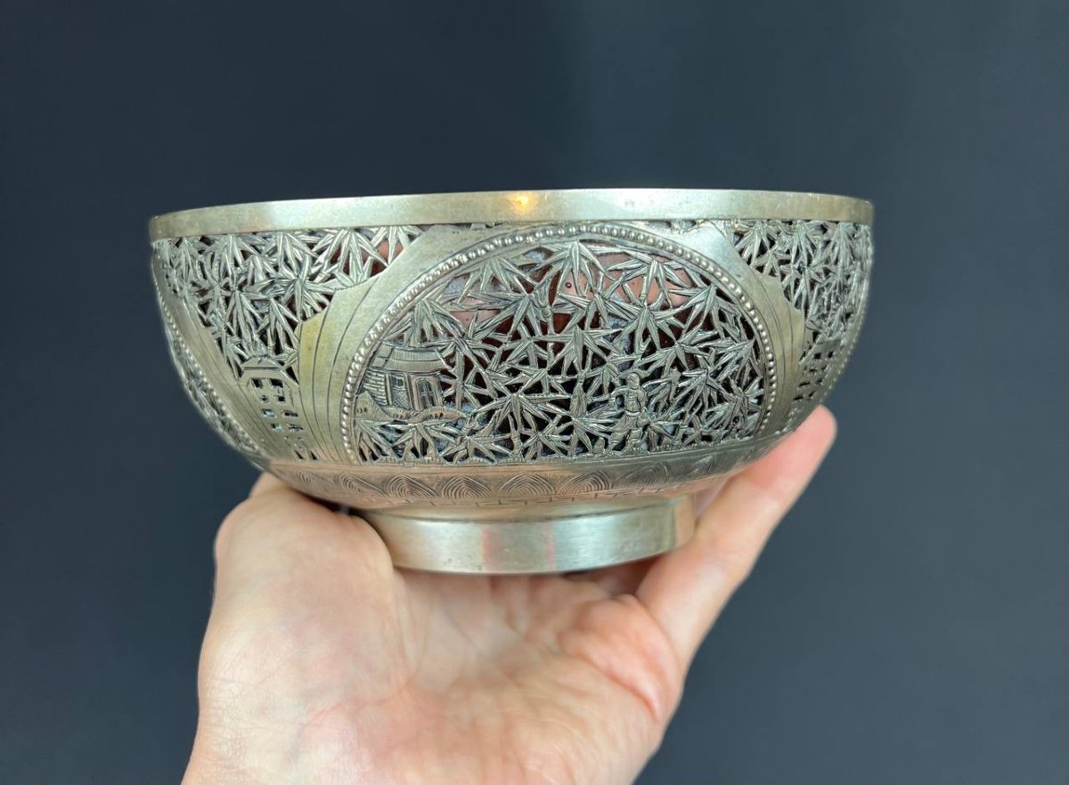 Repoussé Silver Bowl, Lined With Pink Glass, With Bamboo Decor. Indochina -photo-3