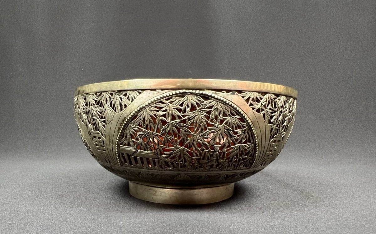 Repoussé Silver Bowl, Lined With Pink Glass, With Bamboo Decor. Indochina -photo-1