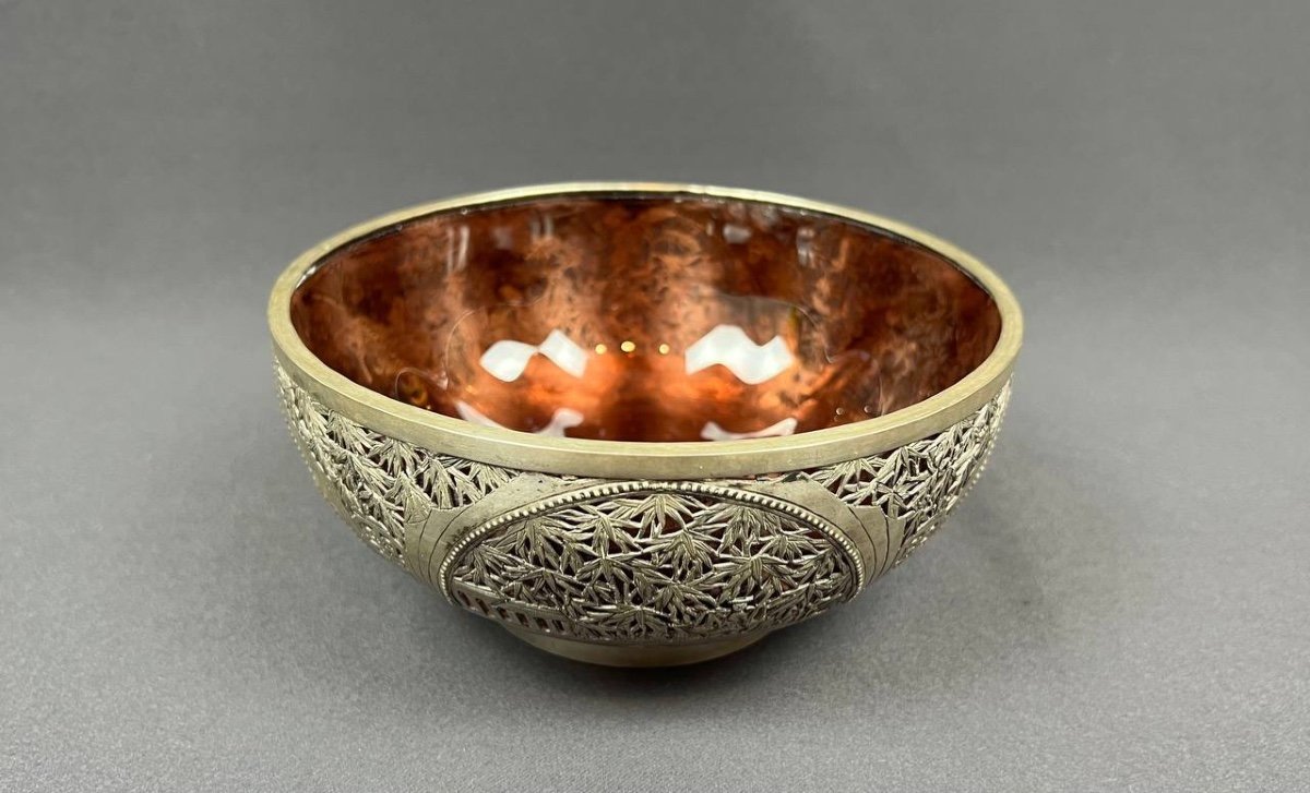 Repoussé Silver Bowl, Lined With Pink Glass, With Bamboo Decor. Indochina -photo-2