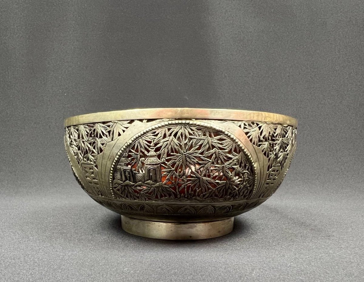 Repoussé Silver Bowl, Lined With Pink Glass, With Bamboo Decor. Indochina -photo-3