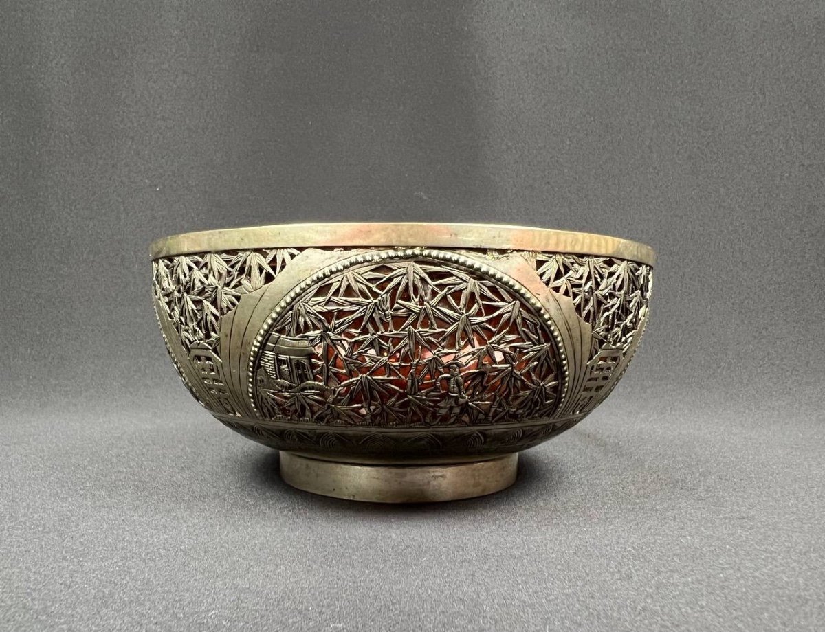 Repoussé Silver Bowl, Lined With Pink Glass, With Bamboo Decor. Indochina -photo-4