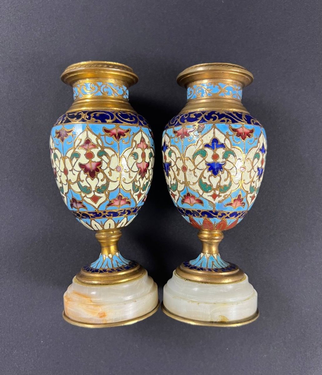 Paire De Vases Balustre En émail Cloisonné-photo-2