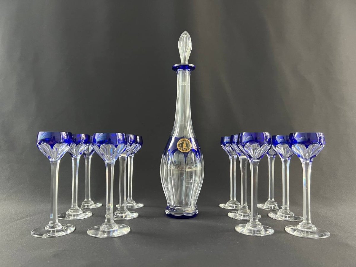 Saint Louis: Partie De Service En Cristal Overlay Bleu. Carafe + 12 Verres-photo-2