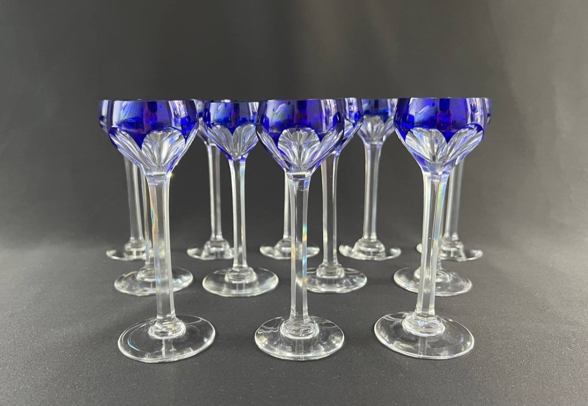 Saint Louis: Partie De Service En Cristal Overlay Bleu. Carafe + 12 Verres-photo-4