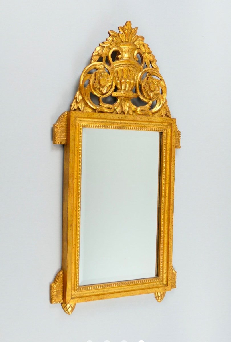 Louis XVI Style Gilded Wood Mirror With Pediment Decoration Of A Cup And Plants.-photo-2