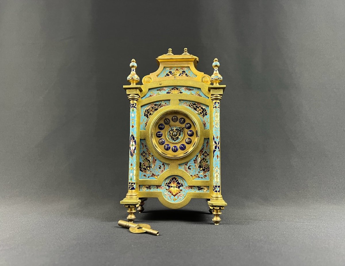 Pendule De Voyage En Bronze Doré Et émail Cloisonné, Fin Du XIX Siècle -photo-2