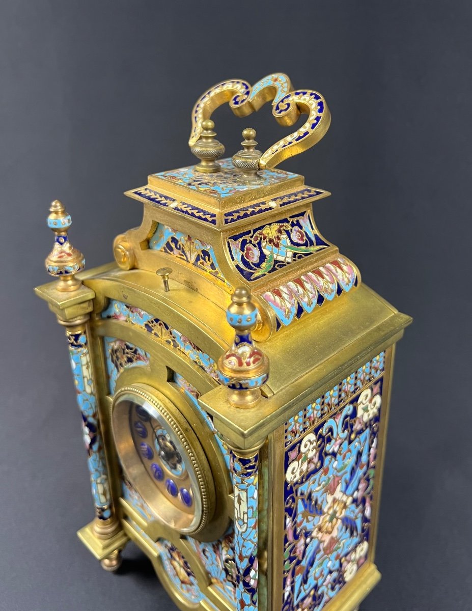 Pendule De Voyage En Bronze Doré Et émail Cloisonné, Fin Du XIX Siècle -photo-2