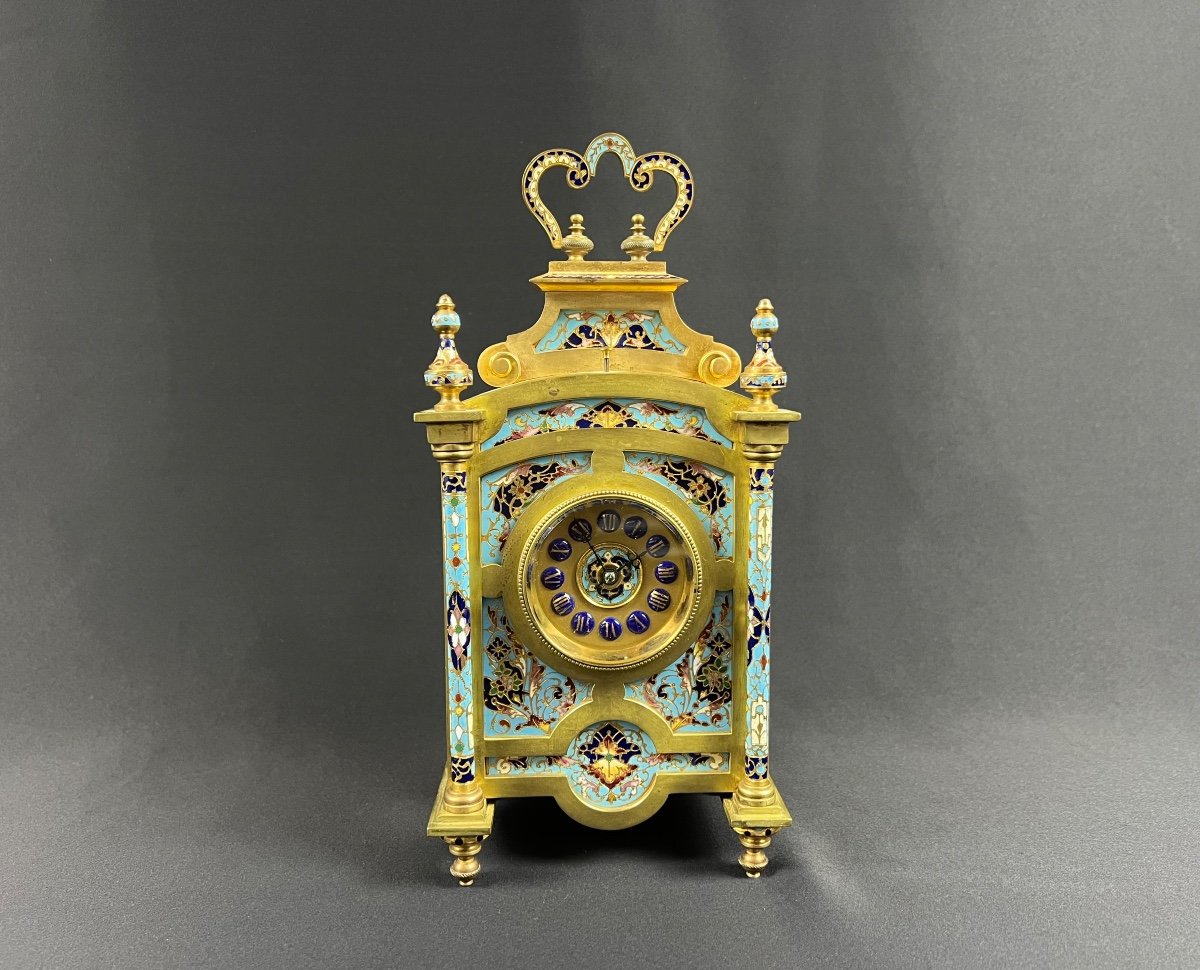 Pendule De Voyage En Bronze Doré Et émail Cloisonné, Fin Du XIX Siècle 