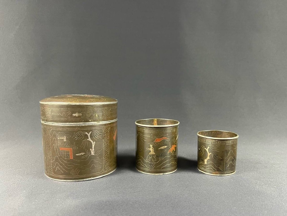 Opium Service In Patinated Copper With Silver Inlay. Indochina-photo-2