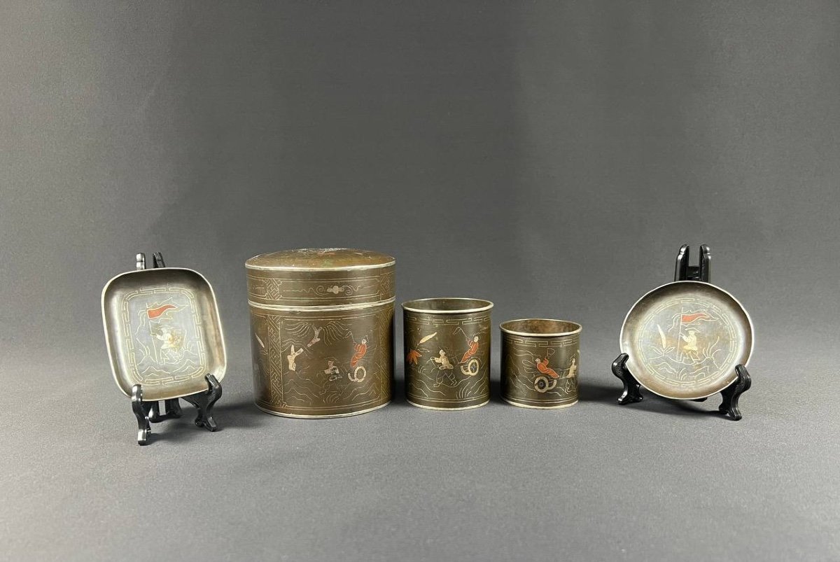 Opium Service In Patinated Copper With Silver Inlay. Indochina