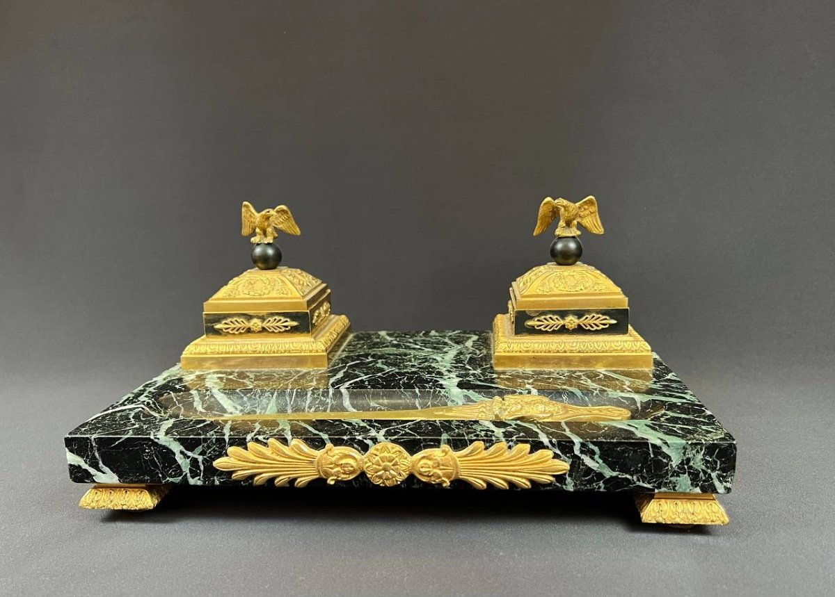 Empire Style Green Marble And Gilt Bronze Inkwell With Eagle Decor-photo-2