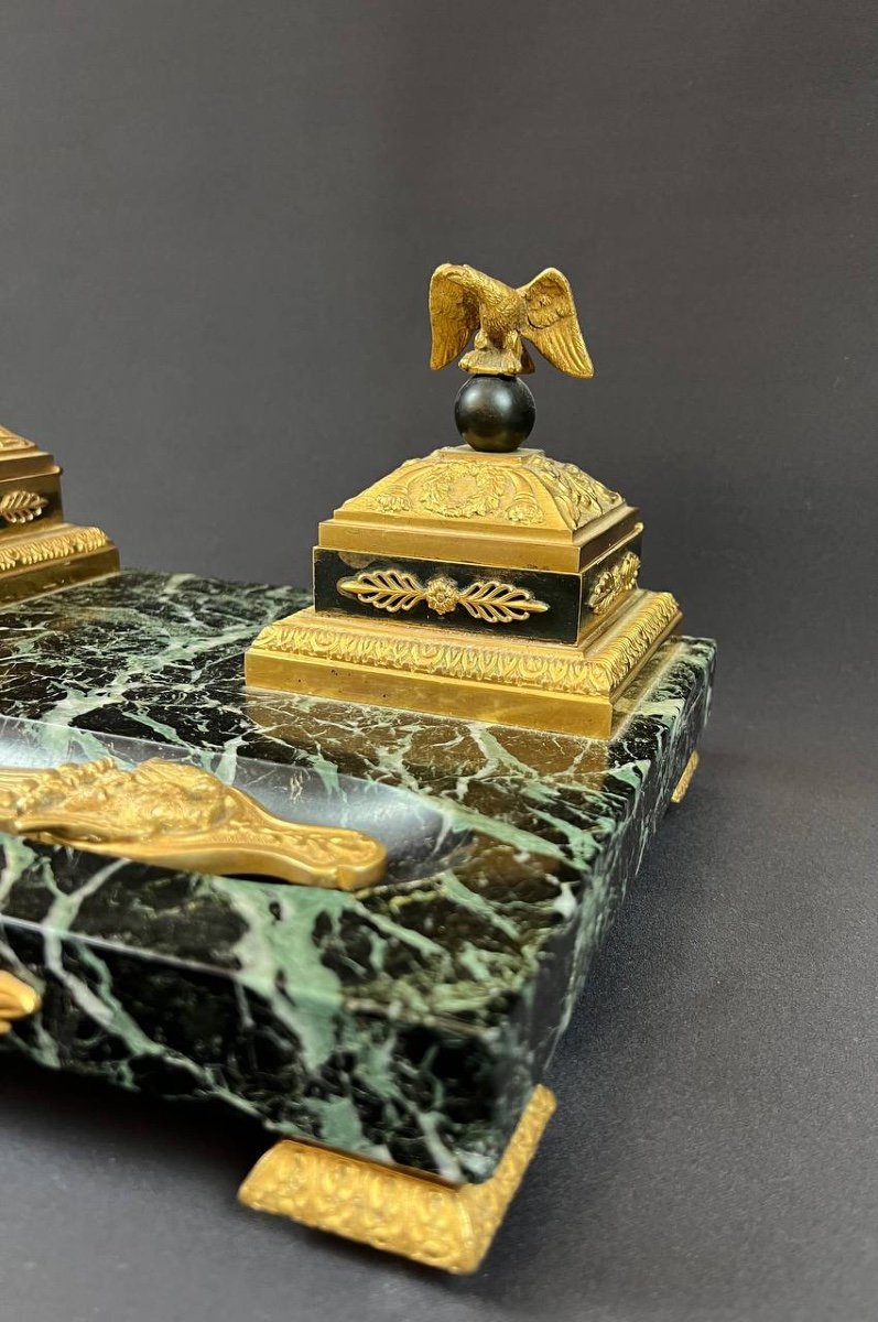 Empire Style Green Marble And Gilt Bronze Inkwell With Eagle Decor-photo-3