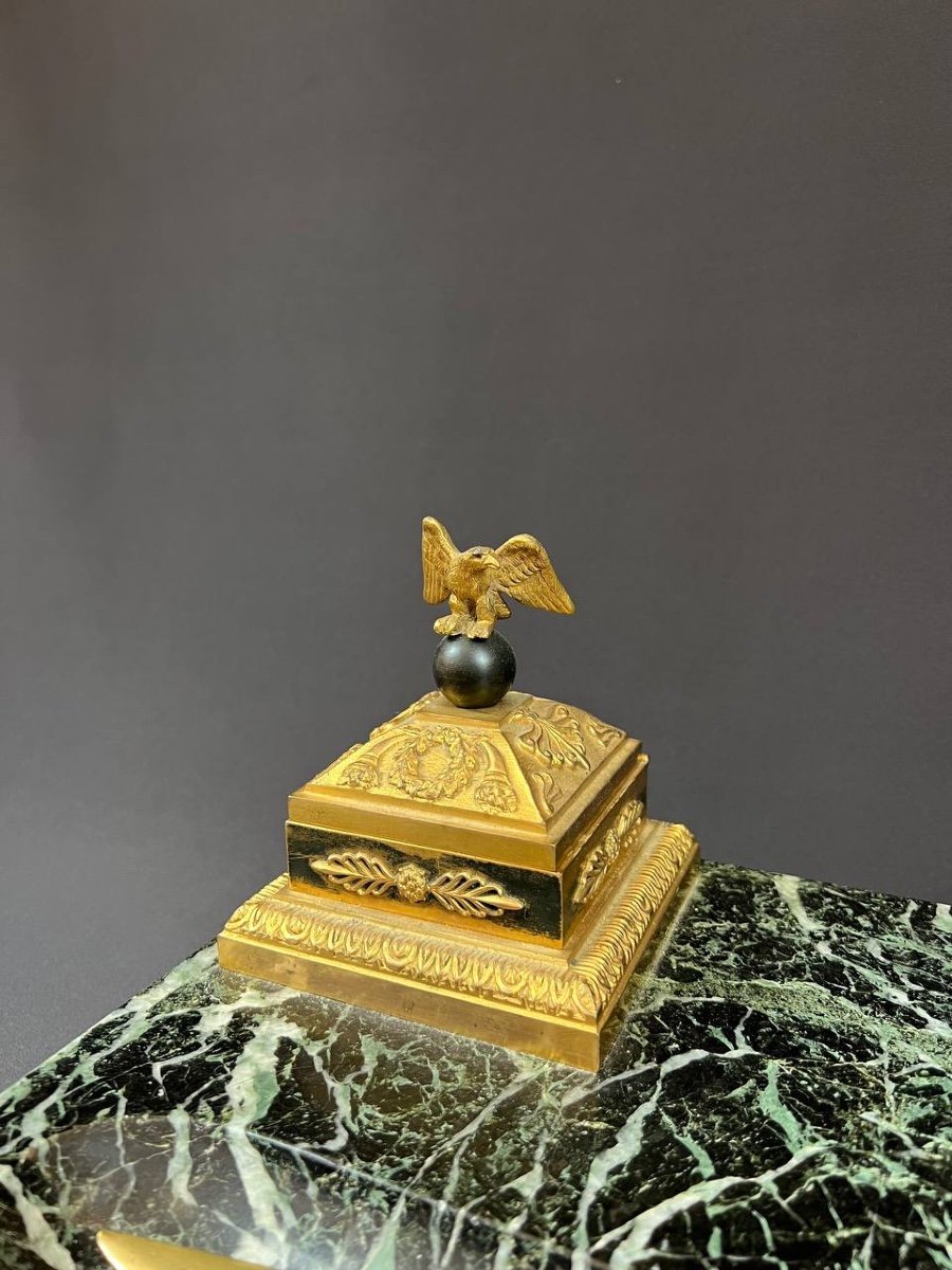 Empire Style Green Marble And Gilt Bronze Inkwell With Eagle Decor-photo-4