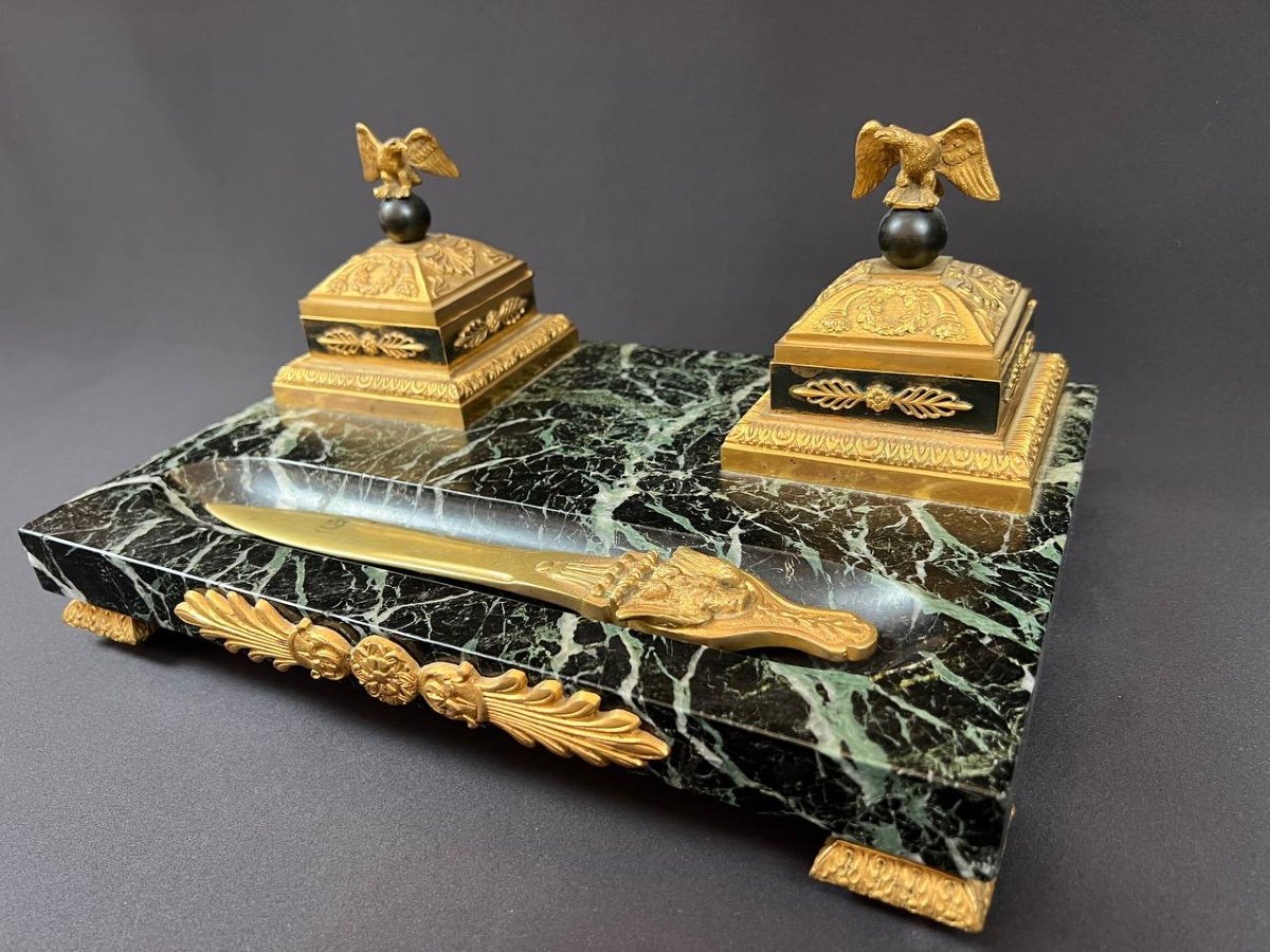 Empire Style Green Marble And Gilt Bronze Inkwell With Eagle Decor-photo-5