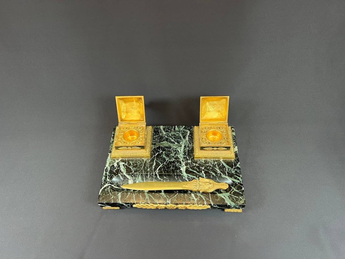 Empire Style Green Marble And Gilt Bronze Inkwell With Eagle Decor-photo-7