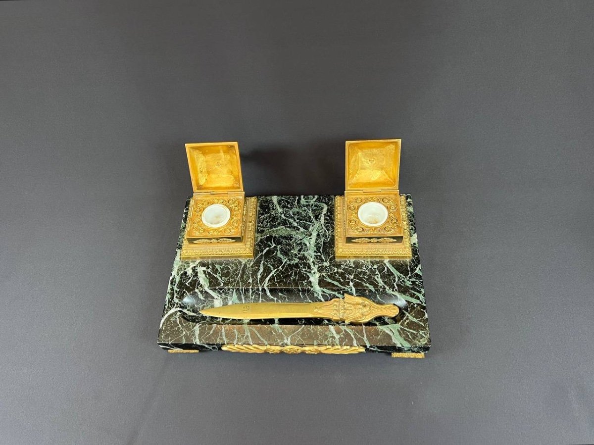 Empire Style Green Marble And Gilt Bronze Inkwell With Eagle Decor-photo-8