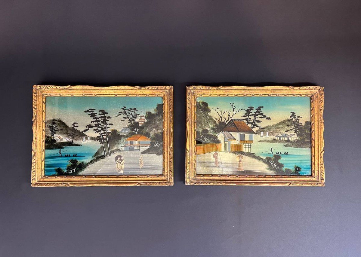 Deux Fixés Sous Verres Japon XXème