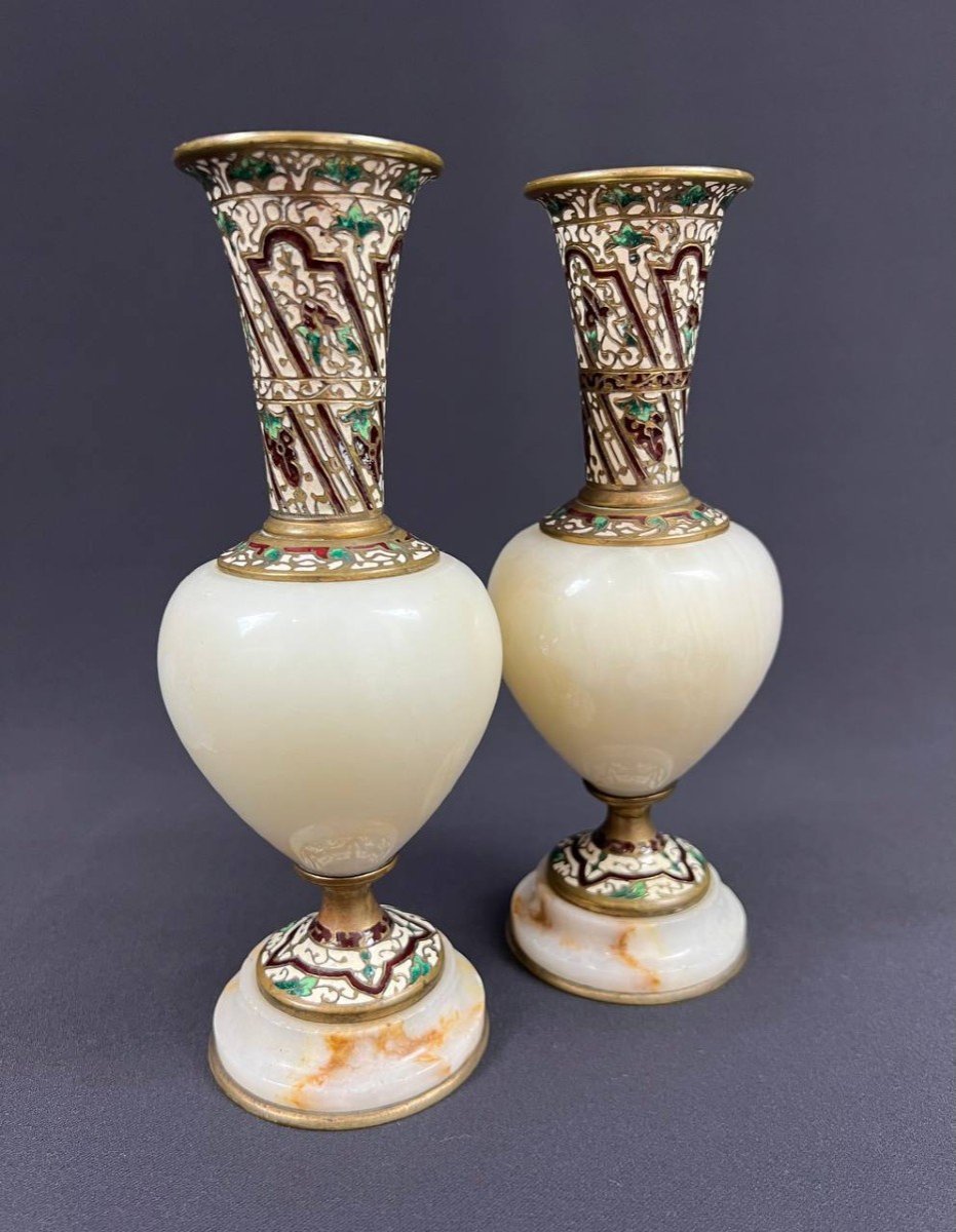 Pair Of 19th Century Neoclassical Bronze And Cloisonné Enamel Vases-photo-3