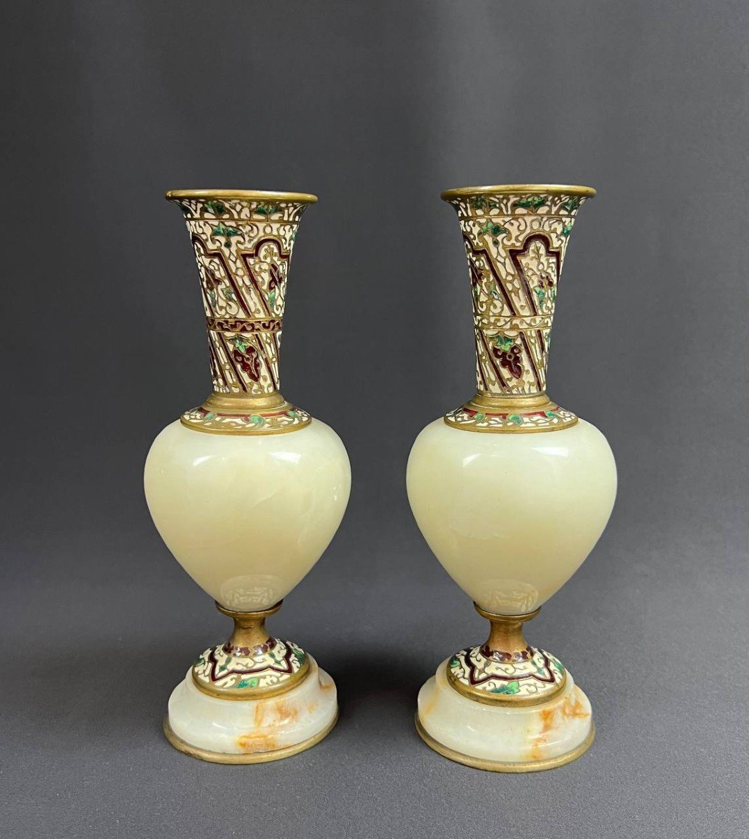 Pair Of 19th Century Neoclassical Bronze And Cloisonné Enamel Vases-photo-4