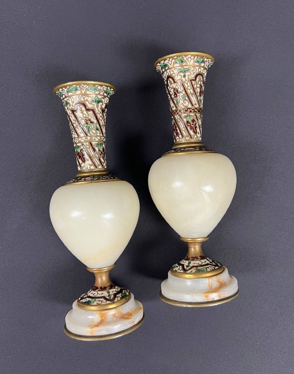 Pair Of 19th Century Neoclassical Bronze And Cloisonné Enamel Vases-photo-1