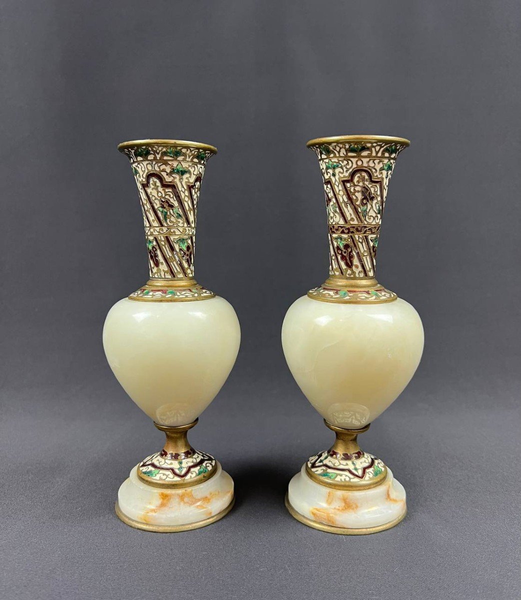 Pair Of 19th Century Neoclassical Bronze And Cloisonné Enamel Vases