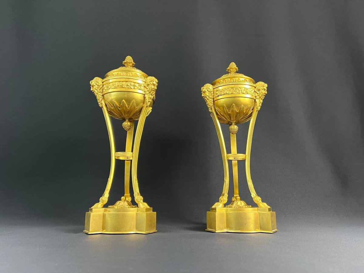 Pair Of Tripod Cassolettes In Gilded And Chiseled Bronze With Faun Decor-photo-2