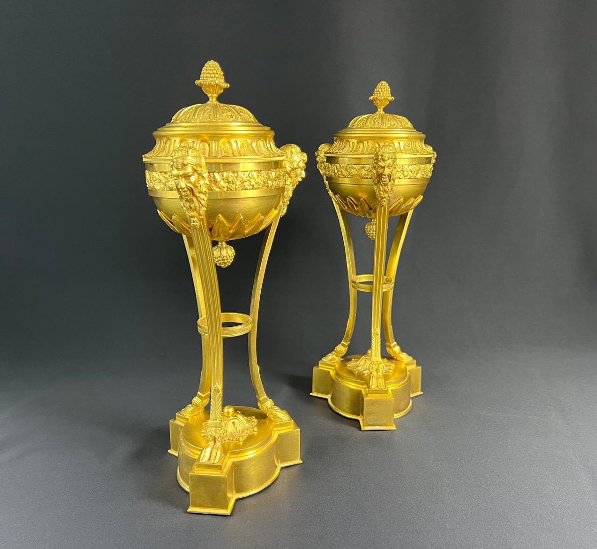 Pair Of Tripod Cassolettes In Gilded And Chiseled Bronze With Faun Decor-photo-3