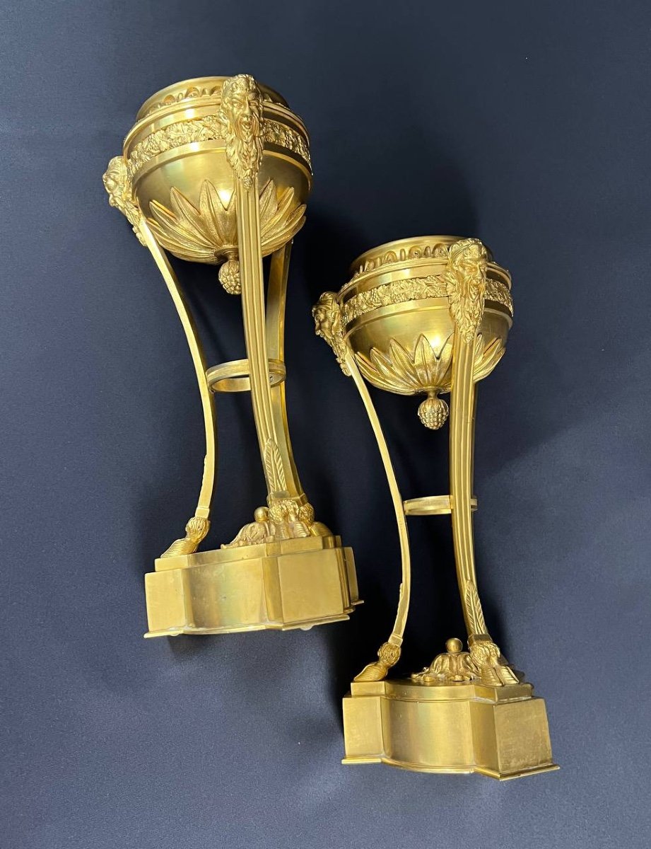 Pair Of Tripod Cassolettes In Gilded And Chiseled Bronze With Faun Decor-photo-8