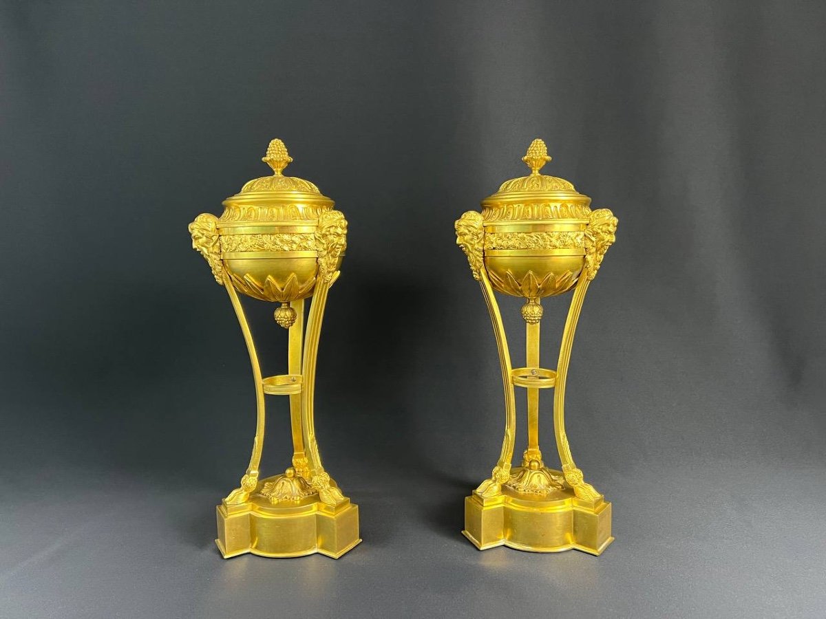 Pair Of Tripod Cassolettes In Gilded And Chiseled Bronze With Faun Decor