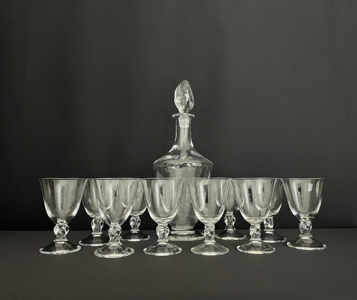 Daum, France. Crystal Service, Orval Model. Carafe + 10 Wine Glasses.-photo-2