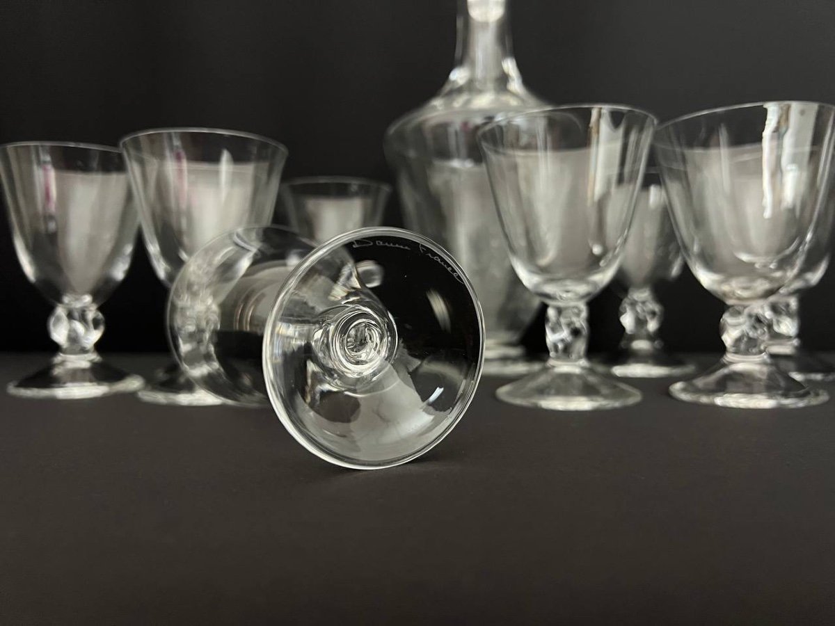 Daum, France. Crystal Service, Orval Model. Carafe + 10 Wine Glasses.-photo-3