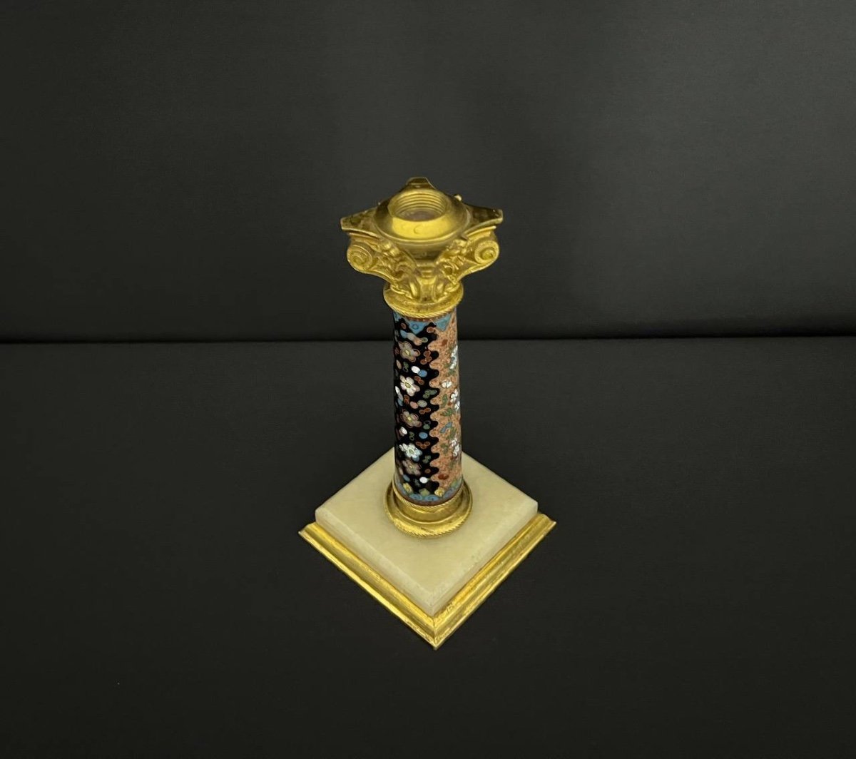 Oil Lamp Base In Onyx, Gilt Bronze And Cloisonné Enamels-photo-3