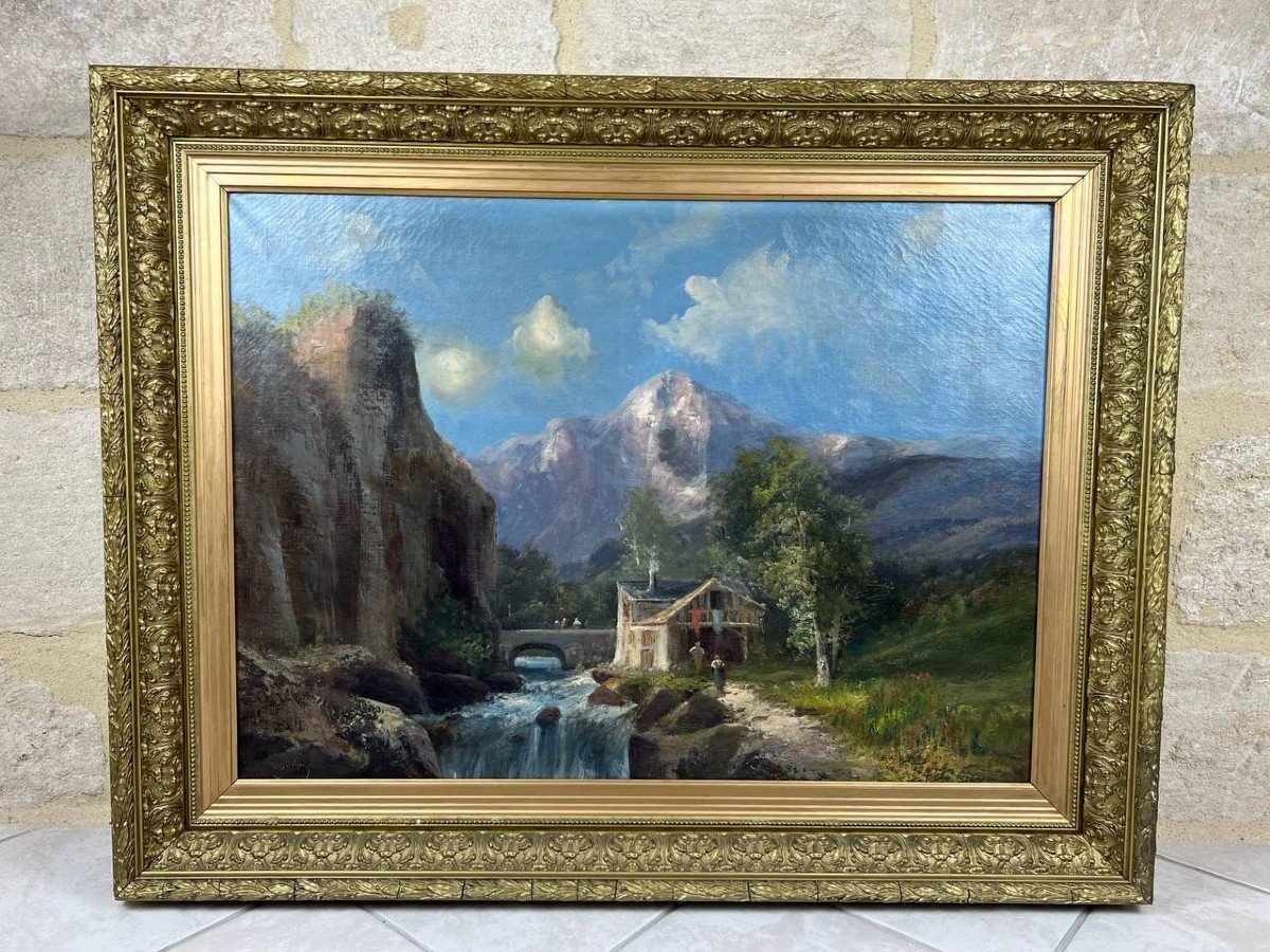 Oil On Canvas Signed Godchaux "animated Landscape At The Waterfall"-photo-3