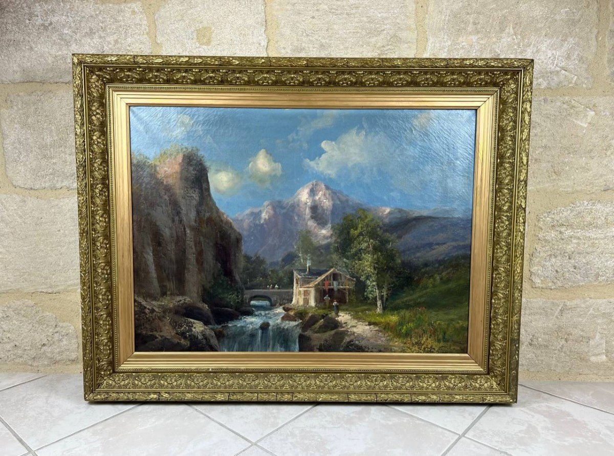 Oil On Canvas Signed Godchaux "animated Landscape At The Waterfall"-photo-4