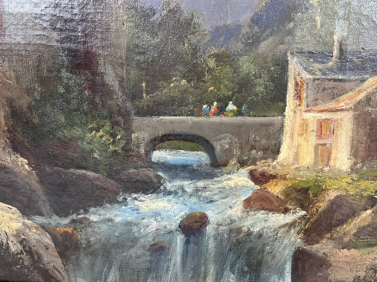 Oil On Canvas Signed Godchaux "animated Landscape At The Waterfall"-photo-1