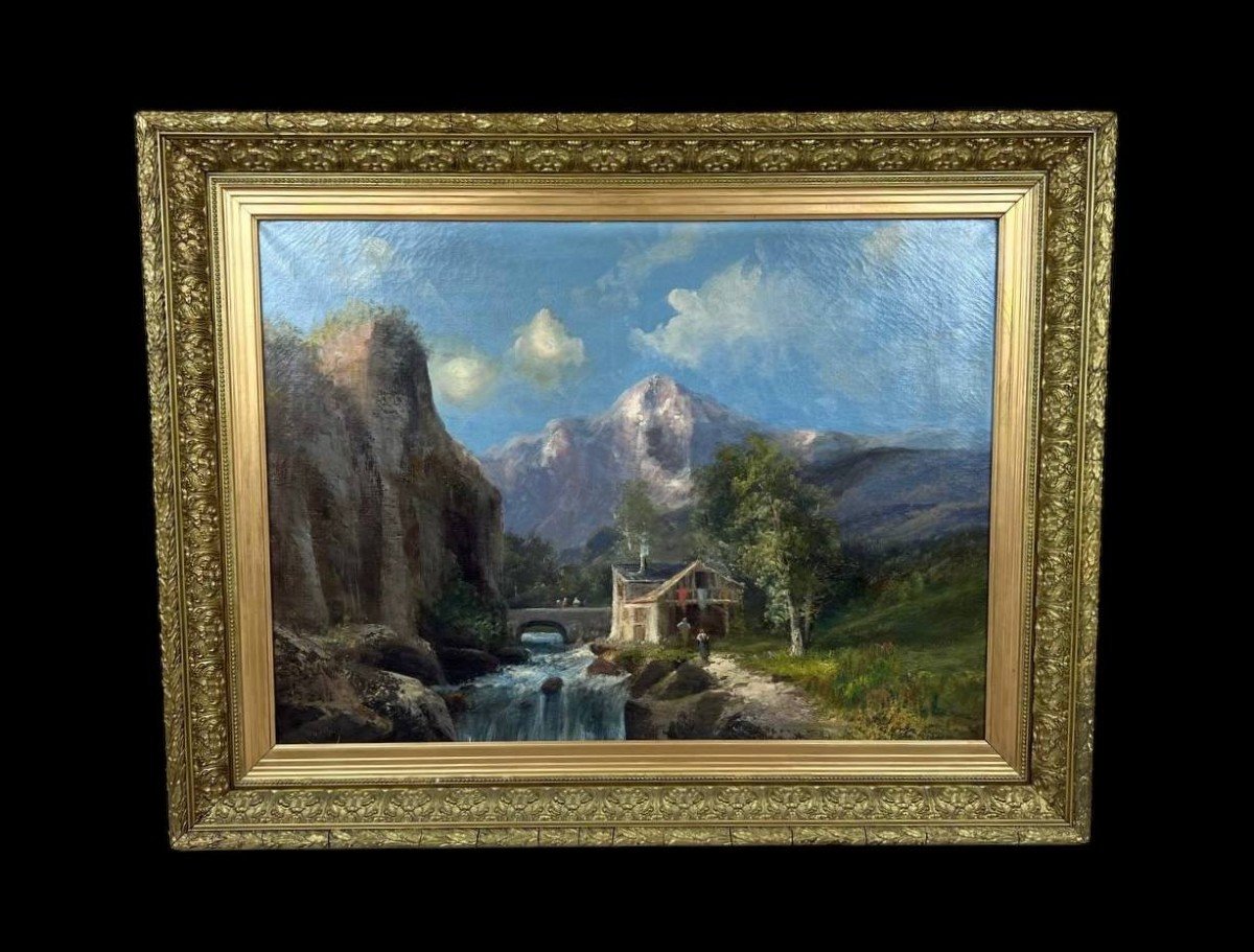 Oil On Canvas Signed Godchaux "animated Landscape At The Waterfall"