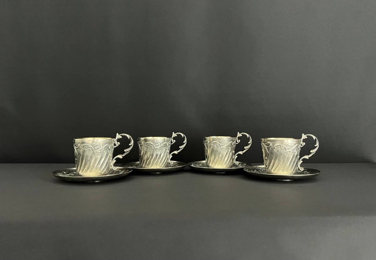 Gallia. Set Of 4 Cups And Saucers In Silver And Gold Metal-photo-2