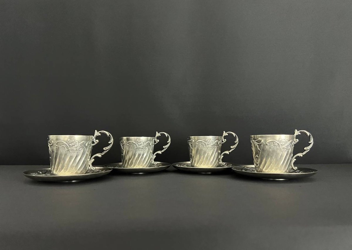 Gallia. Set Of 4 Cups And Saucers In Silver And Gold Metal-photo-3