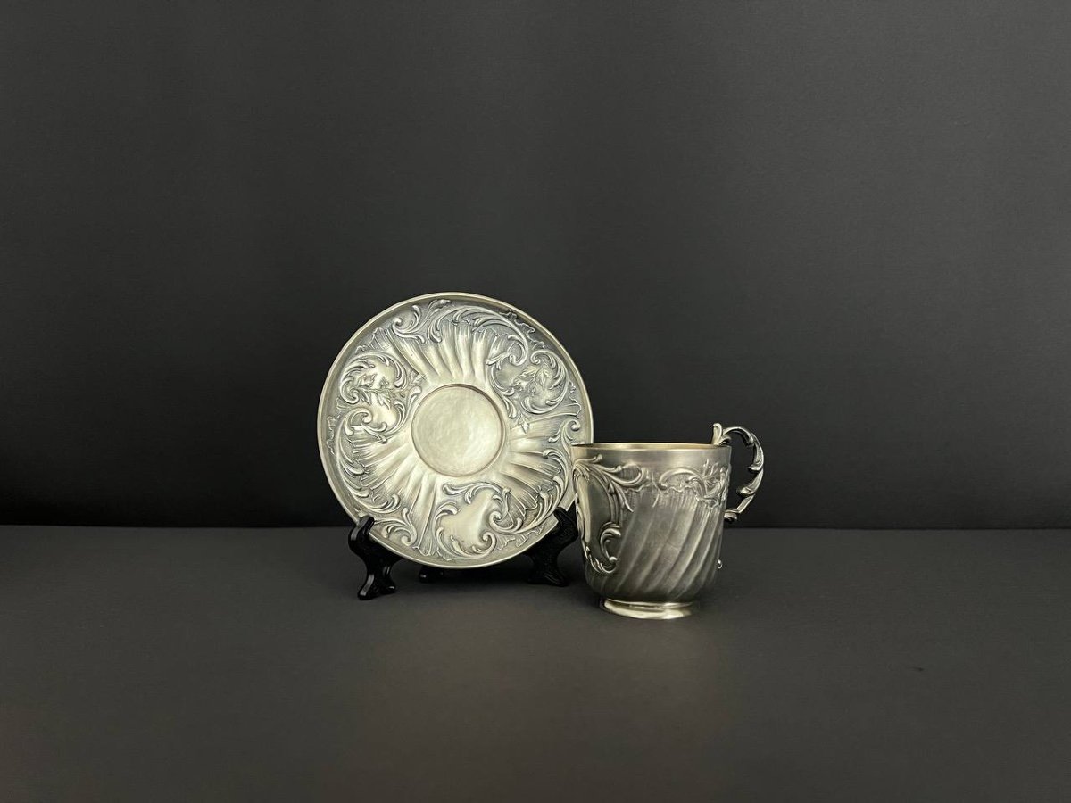 Gallia. Set Of 4 Cups And Saucers In Silver And Gold Metal-photo-2