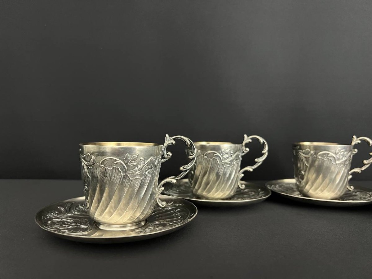 Gallia. Set Of 4 Cups And Saucers In Silver And Gold Metal-photo-4