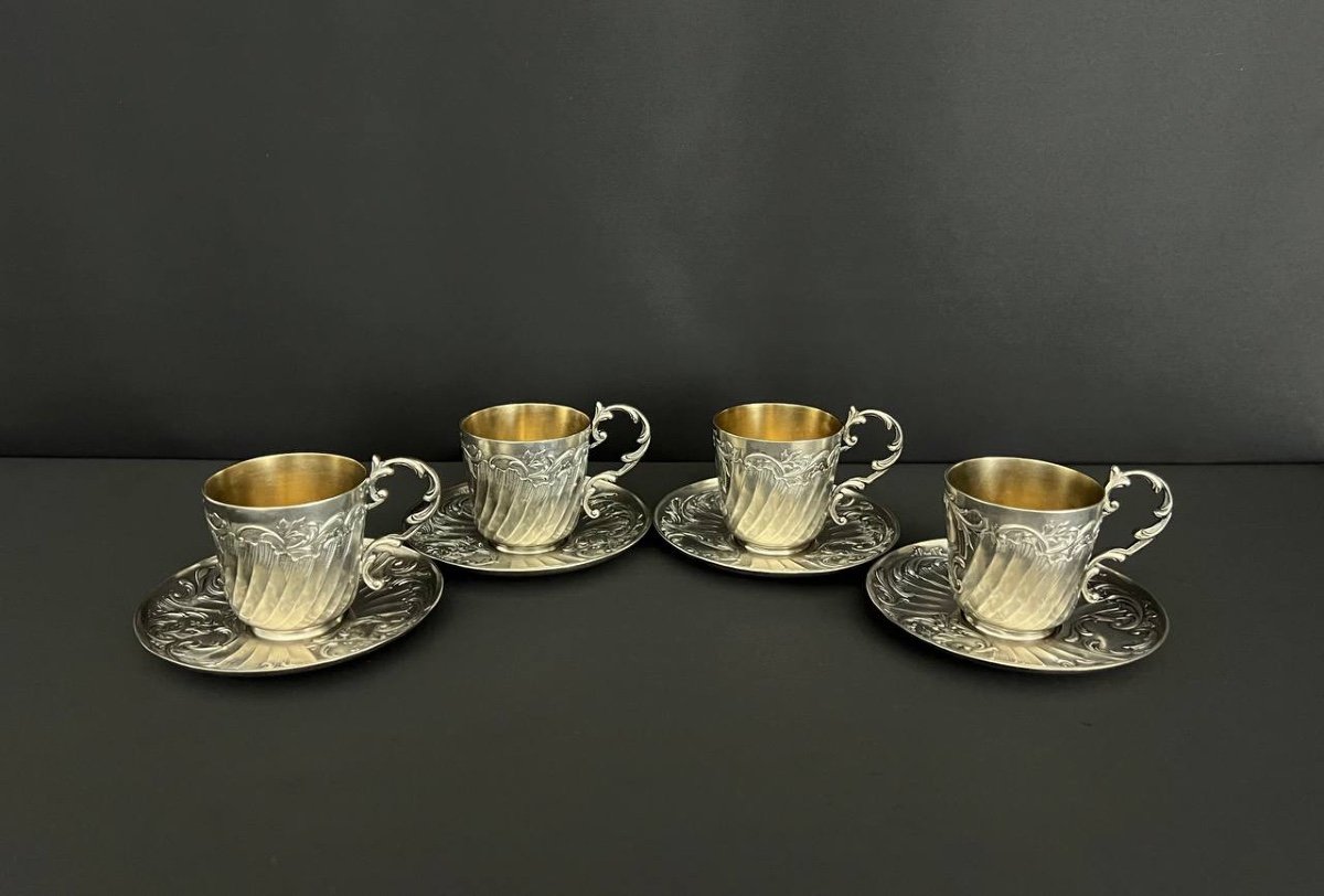 Gallia. Set Of 4 Cups And Saucers In Silver And Gold Metal