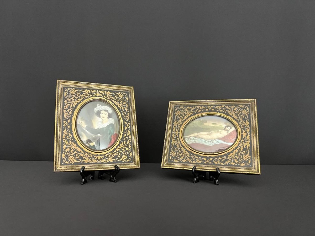 Pair Of Miniatures And Boulle Marquetry Frame Napoleon III Period-photo-1