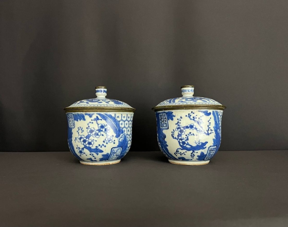 Pair Of Blue And White Porcelain Covered Pots. China 19th Century