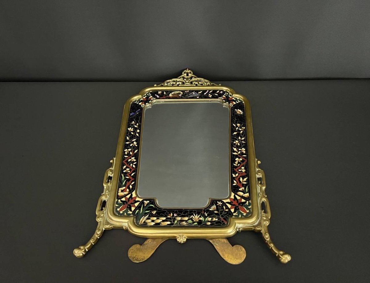 Polychrome Bronze And Cloisonné Enamel Mirror With Butterfly Decor-photo-4